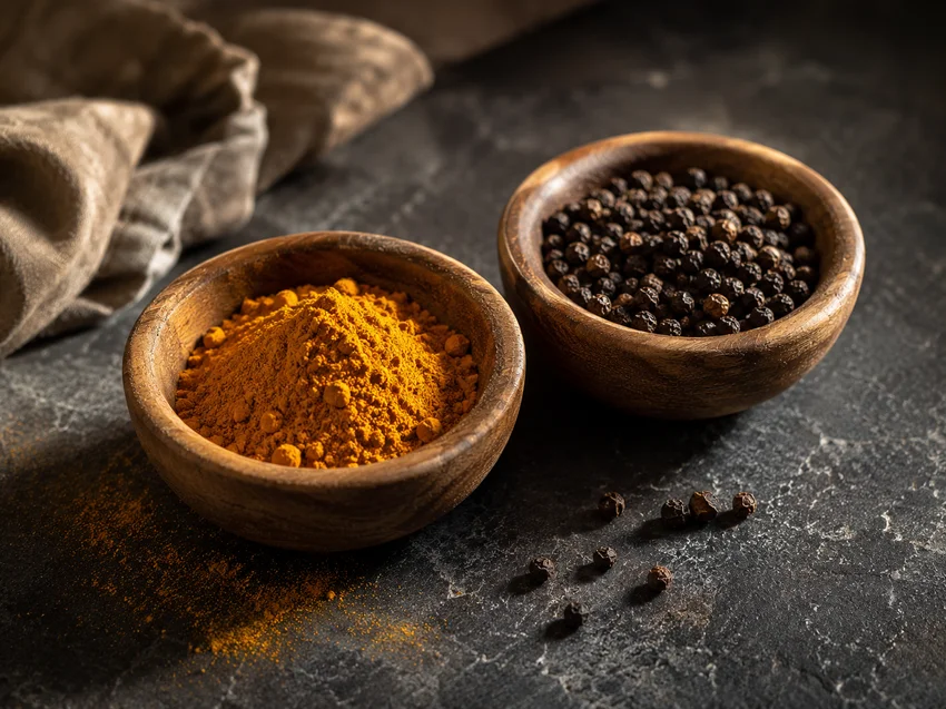 Gurkemeiepulver og hele svart pepperkorn