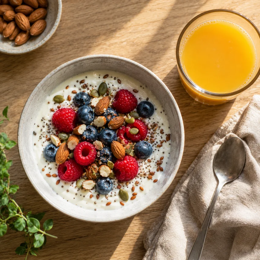 Sunn frokost med yoghurt, bær og nøtter