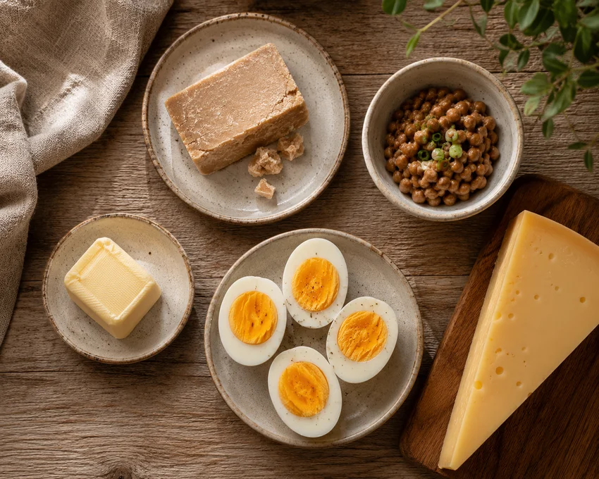 Matvarer rike på K2: gamelost, egg, smør og natto