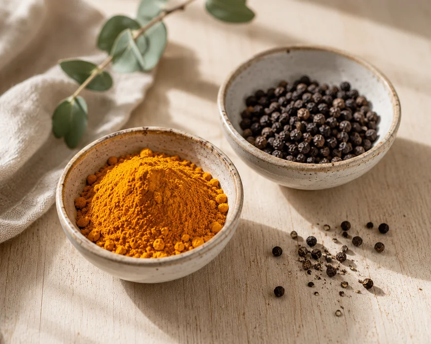 To skåler med gurkemeiepulver og svart pepper