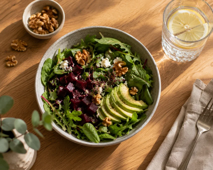 Fargerik salat og glass vann med sitron